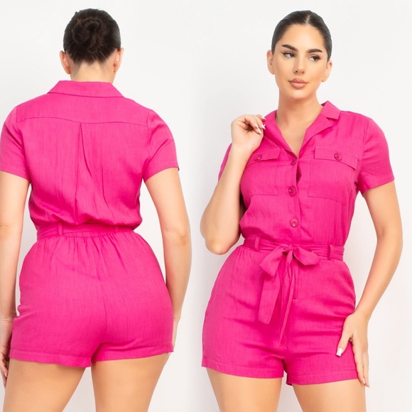Hot pink button down romper with belt - Picture 6 of 9